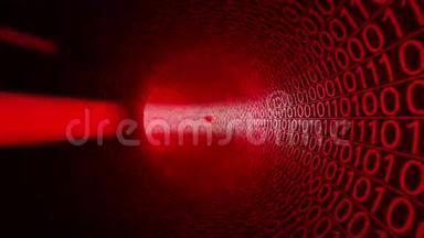 飞行通过抽象的红色隧道由零和一。 高科技运动背景。 计算机，二进制数据传输