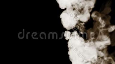 烟雾流在慢运动侧视中形成环。 隔离在黑色背景上，背光，准备合成