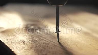 工人用螺丝刀拧紧螺丝。 螺丝起子扭曲在木板生活方式。 细木工和