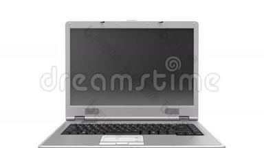 笔记本电脑打开白色背景反射和打开白色屏幕模板。 高清1080。 阿尔法面具