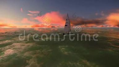 在海洋上的一艘帆船周围拍摄一个美丽的日落视频
