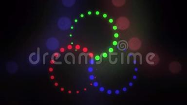星形红绿蓝旋转圆环运动背景.. RGB，LED照明或颜色混合概念。 8K无缝