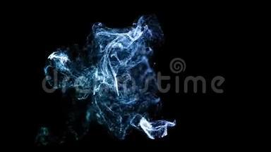 平流、发光蓝色粒子在液体中漂浮的三维油墨效应。 缓慢流动的液体中流动的发光粒子