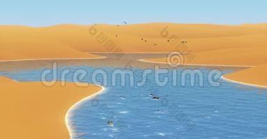 鱼在阳光河里游泳，鸟儿飞过沙漠，沙丘。
