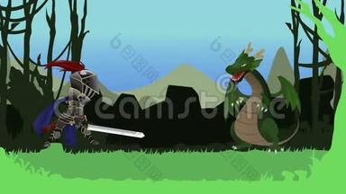 在中世纪奇幻RPG游戏中，一个骑士战士用他的<strong>大</strong>剑战斗并杀死一条龙的无缝动画卡通