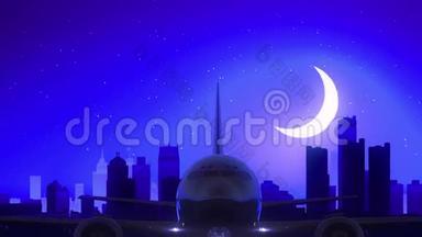 美国密西根州底特律飞机起飞月夜蓝天线旅行
