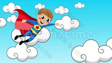 超级英雄的孩子在天空中飞翔