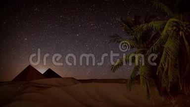夜间无缝动画沙漠<strong>沙尘</strong>暴，棕榈树、闪亮的星星和金字塔背景景观