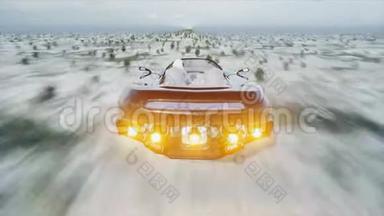 未来派<strong>飞车</strong>与三维模特女子快速驾驶沙漠。 未来的概念。 现实的4k动画。