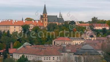 在捷克布拉格，旧城镇建筑与红色屋顶的鸟瞰。 布拉格圣维特大教堂。
