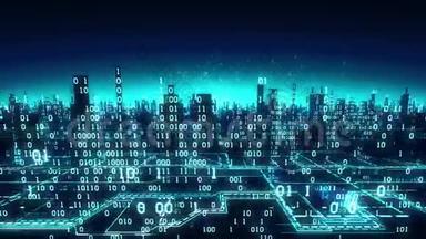 抽象未来主义二元<strong>城市</strong>的鸟瞰图，一个<strong>高科技</strong>背景，数字阵列连接到全球网络，矩阵