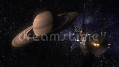 卡西尼号卫星正接近土星。 卡西尼<strong>惠</strong>更斯号是一艘无人飞船，被送往土星。 CG<strong>动</strong>画。