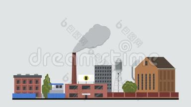 平面风格工厂动画揭示.. 生态<strong>大气污染</strong>烟囱动画烟雾概念
