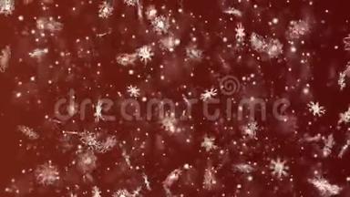 圣诞节和新年无缝循环动画。 圣诞雪花在暗红色背景上。 冬季神奇魔法