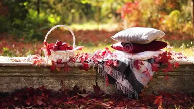 秋天的花园。 在石凳上，有一条毯子，一个<strong>枕头</strong>，一篮子苹果和一顶带有<strong>橡胶</strong>靴的勃艮第帽