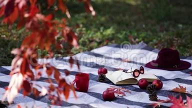 秋天的花园。 在石凳上，有一条毯子，一个枕头，一篮子苹果和一顶带有橡胶靴的勃艮第帽