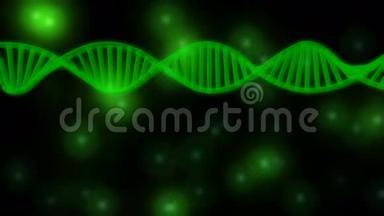 蓝色背景上3D半透明绿色DNA链<strong>旋转</strong>摘要。 <strong>旋转</strong>DNA链。