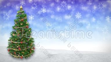 在蓝色的冬天背景上旋转圣诞树。 3D渲染无缝环