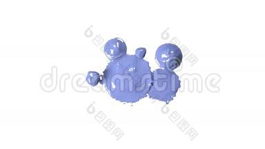 蓝色的水滴在缓慢的运动中落下和飞溅。 彩色油漆