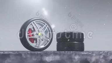 冬季轮胎的背景是暴风雪，降雪和湿滑的冬季道路。 冬季轮胎概念。 车轮更换