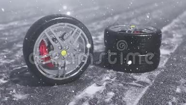 冬季轮胎的背景是暴风雪，降雪和湿滑的冬季道路。 冬季轮胎概念。 车轮更换