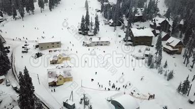 山上覆盖着白雪的滑雪场和圣诞树
