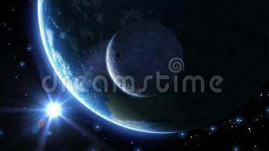 地球，月亮和太阳。 蓝光。 高清1080