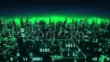 抽象未来数字城市的鸟瞰图，一个与全球网络相连的二元阵列的高科技背景，矩阵