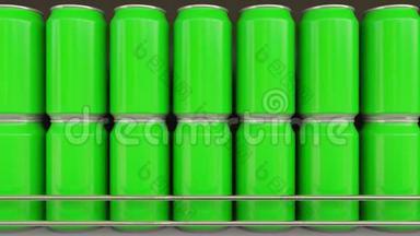 杂货店里的绿色罐头。 超市货架上的碳酸饮料或啤酒。 现代回收包装。 4K