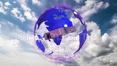 5g符号在地球模型内旋转，背景是云天延时，视频循环，阿尔法