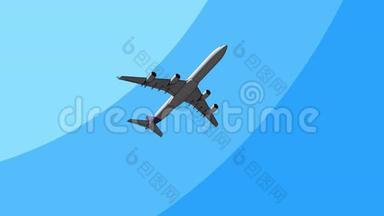 大客机飞越天空，4K3D卡通动画.. 移民、离开、旅行概念