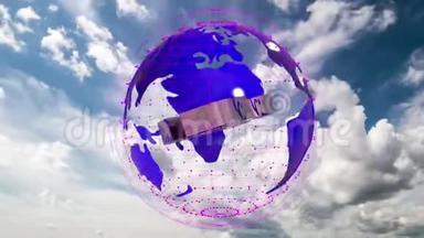 5g符号在地球模型内旋转，背景是云天延时，视频循环，阿尔法