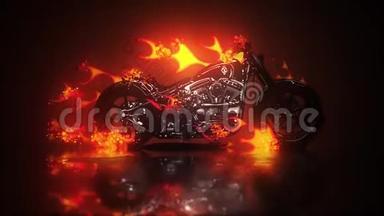 燃烧的摩托车被猛烈的火焰和燃烧的火花吞没
