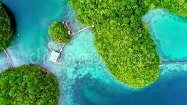热带景观热带雨林丘陵和蔚蓝的水在泻湖与云在Siargao岛，菲律宾。 4K空中观景台