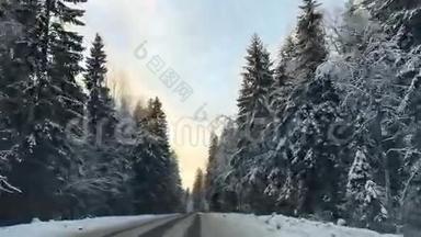 车辆行驶冬季雪林路时，从车载摄像头的正面观看。