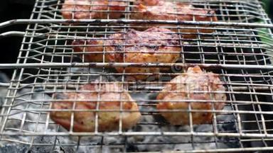 烤架上的猪肉。 夏季烧烤概念。