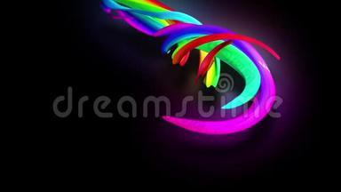 一串彩带扫过镜头. 彩虹色的丝带扭曲，在空中飞翔。 使用美洲狮