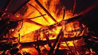 大篝火的原木燃烧在森林的夜晚。 慢动作