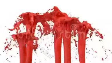 美丽的喷泉喷出的液体像红色的油漆，喷泉与许多液体流上升高。 3D渲染非常高