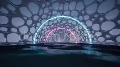 三维渲染，抽象背景，荧光紫外光，发光霓虹灯线，在隧道内前进，蓝色