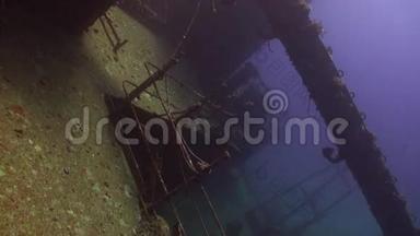 在红海的蓝色背景下，在珊瑚礁阿布努哈斯水下沉船。