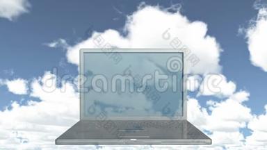 4k云计算机数据存储，笔记本电脑播放视频的时间流逝云，蓝天。