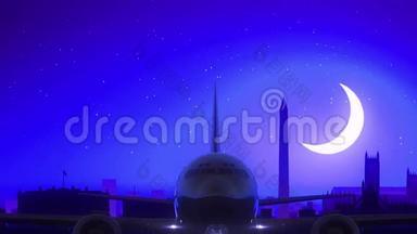 美国华盛顿航空公司飞机起飞<strong>月夜</strong>蓝天线旅行