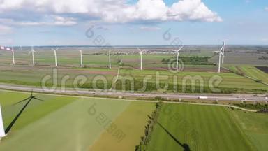 田间风力涡轮机农场的鸟瞰图。 奥地利。 能源生产的Drone观点