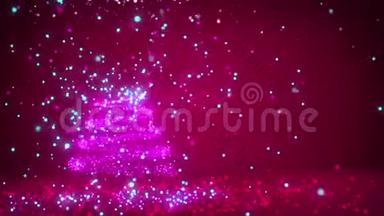 紫色大圣诞树从发光发亮的粒子在左边。 带有复制空间的圣诞背景冬季主题