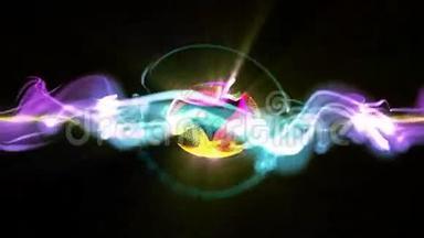 迪斯科舞蹈音乐中的抽象运动背景、闪亮的灯光、声波、几何形状能量和闪闪发光的元素粒子