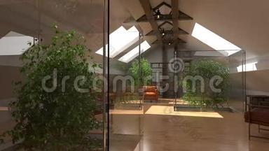 现代室内。 生态家园，绿色家园.. 当代建筑空间动画与沙发和绿色植物