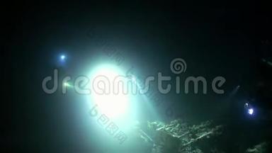 潜水者带手电筒在水下夜间底部背景。