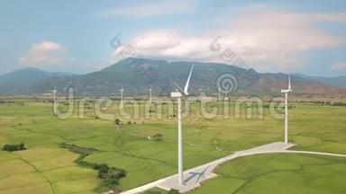 风能站的风车涡轮机。 替代自然资源和生态保护。 风电场空中景观
