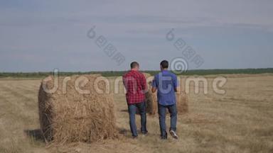 团队农业智慧农业理念.. 两个男农民的生活方式是走<strong>在田野上</strong>的草堆<strong>上</strong>